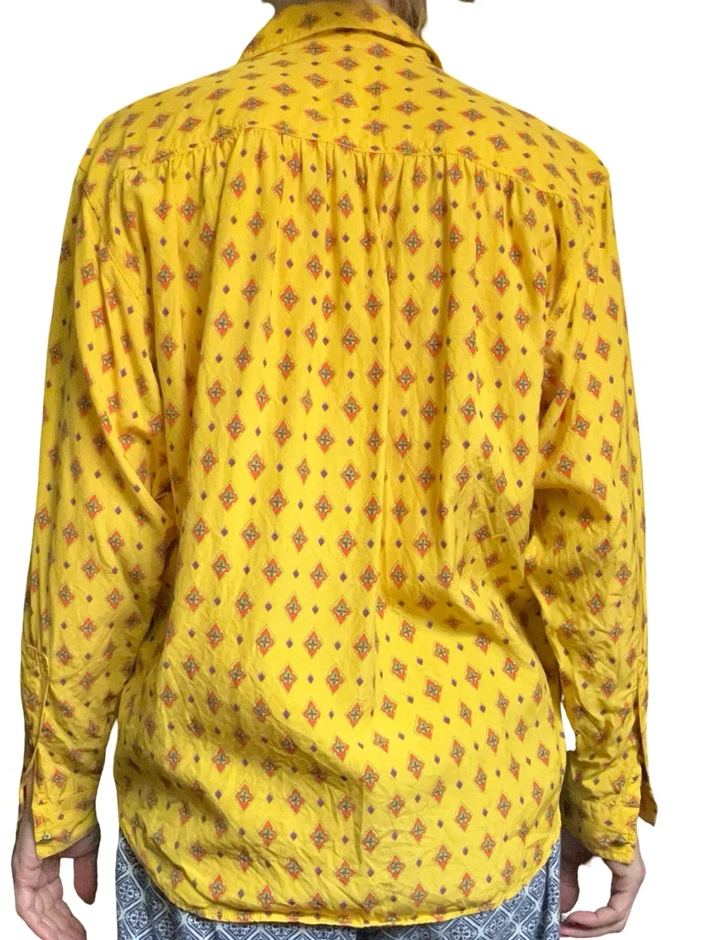 Vintage 90s Lizwear Yellow Geometric Print Rayon Button Down Shirt Size Small - Picture 5 of 11
